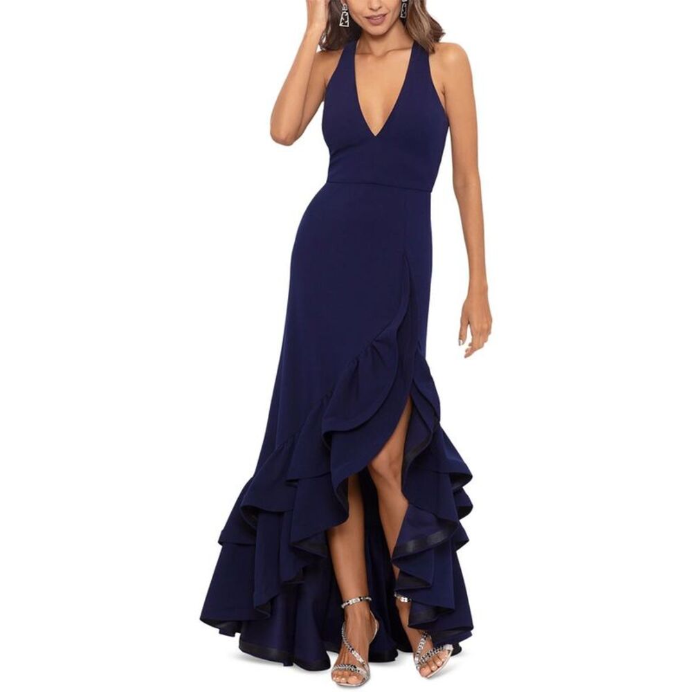 B&A by Betsy and Adam Womens Navy Ruffled V-Neck Evening Dress Gown NWOT